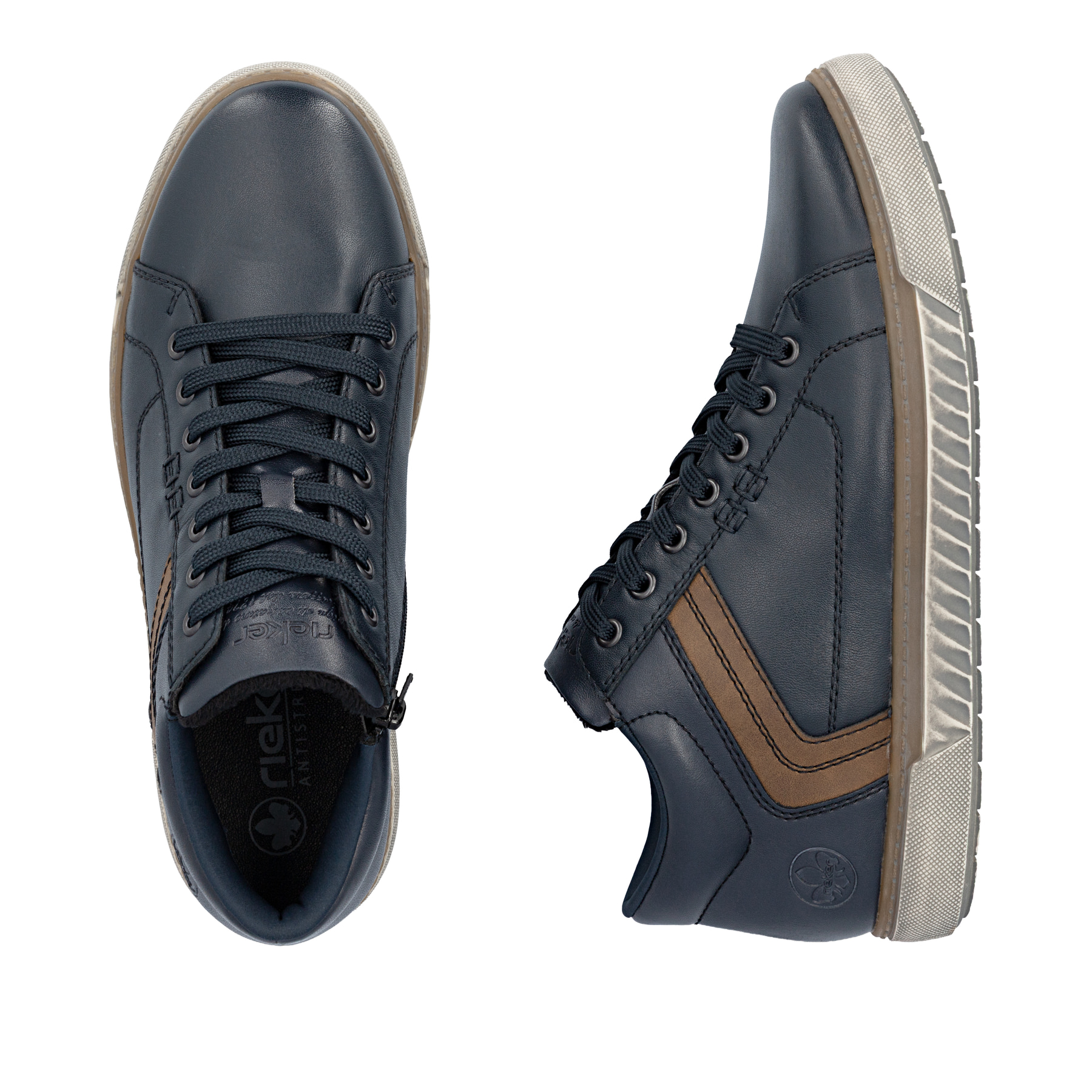 Dunkelblau-braune Rieker Herren Schnürstiefel 17940-14 aus Glattleder. Schuh von oben, liegend.