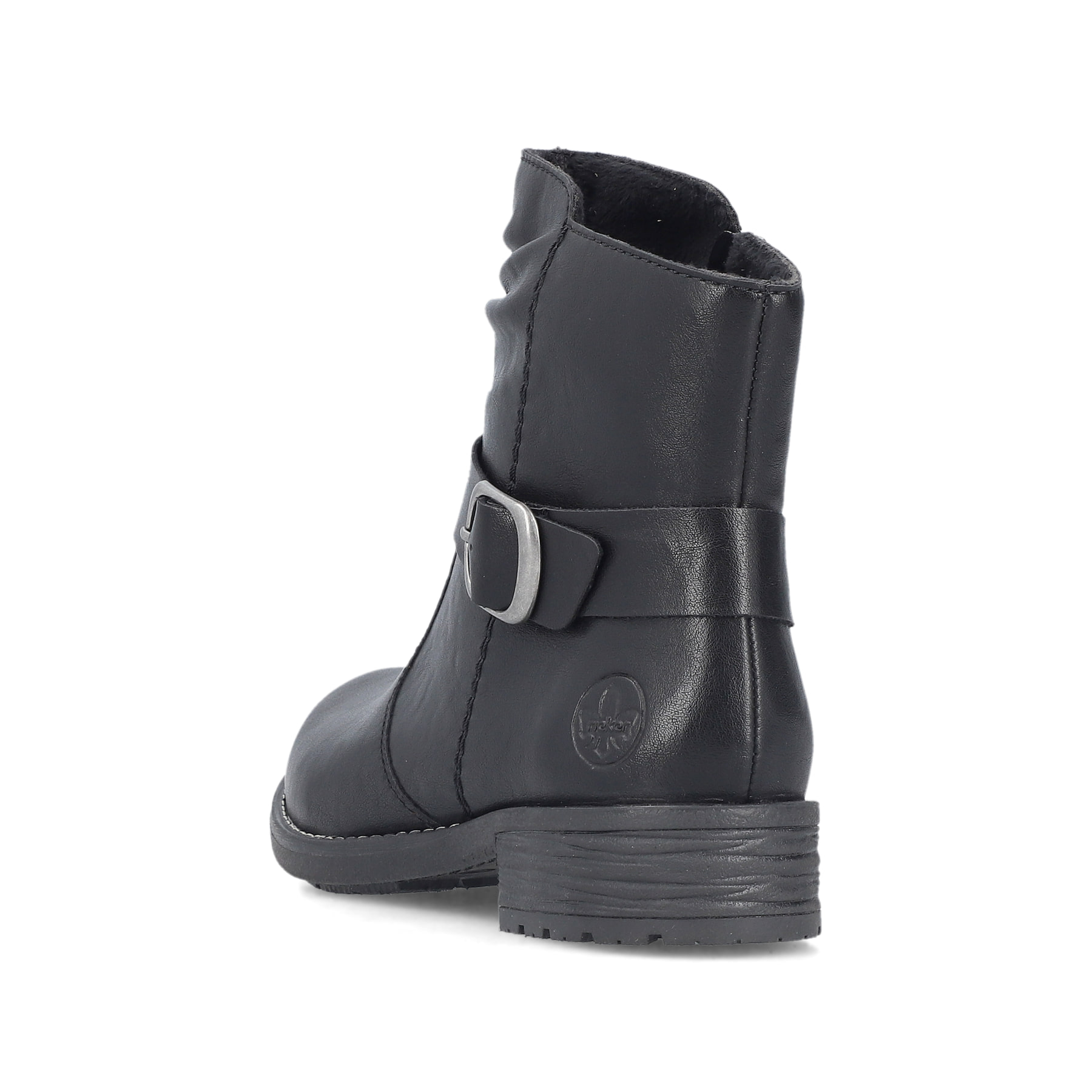 Biker Boots Rieker noires pour femme 79462-00 avec boucle décorative. Chaussure vue de dessus.