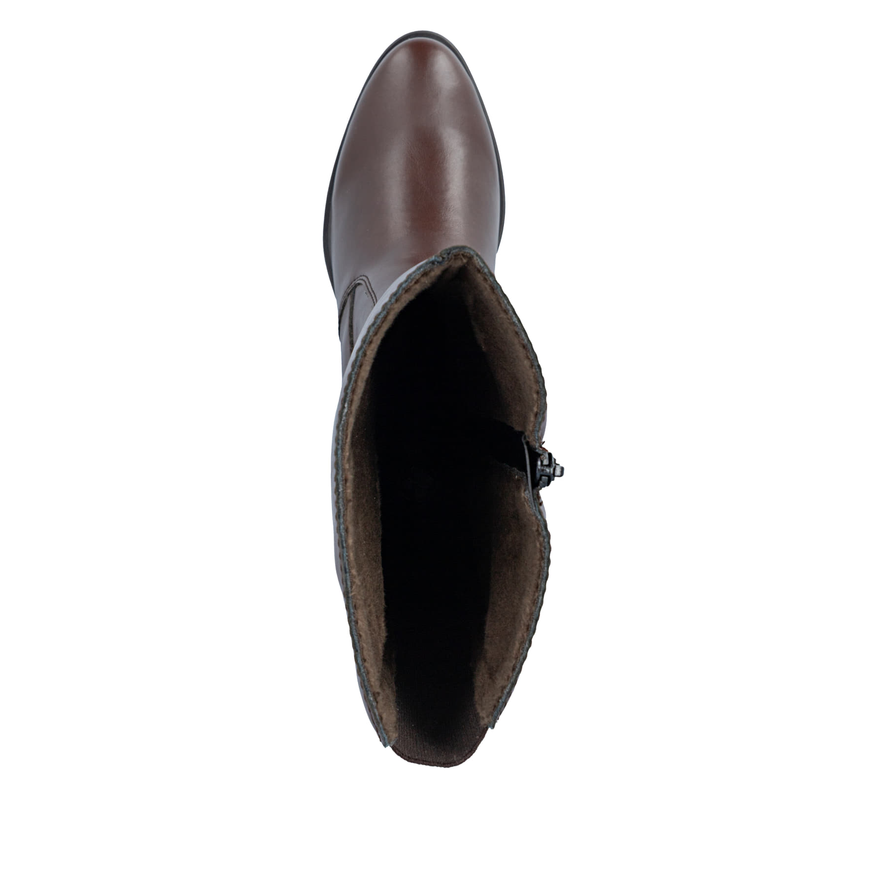 Dunkelbraune Rieker Damen Hochschaftstiefel 74188-25 mit einem Reißverschluss. Schuh von oben.