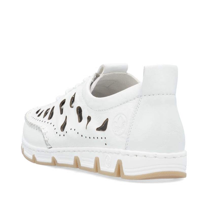 Weiße Rieker Damen Slipper 49956-80, Barfußschuhe mit einem Gummizug. Schuh von hinten.