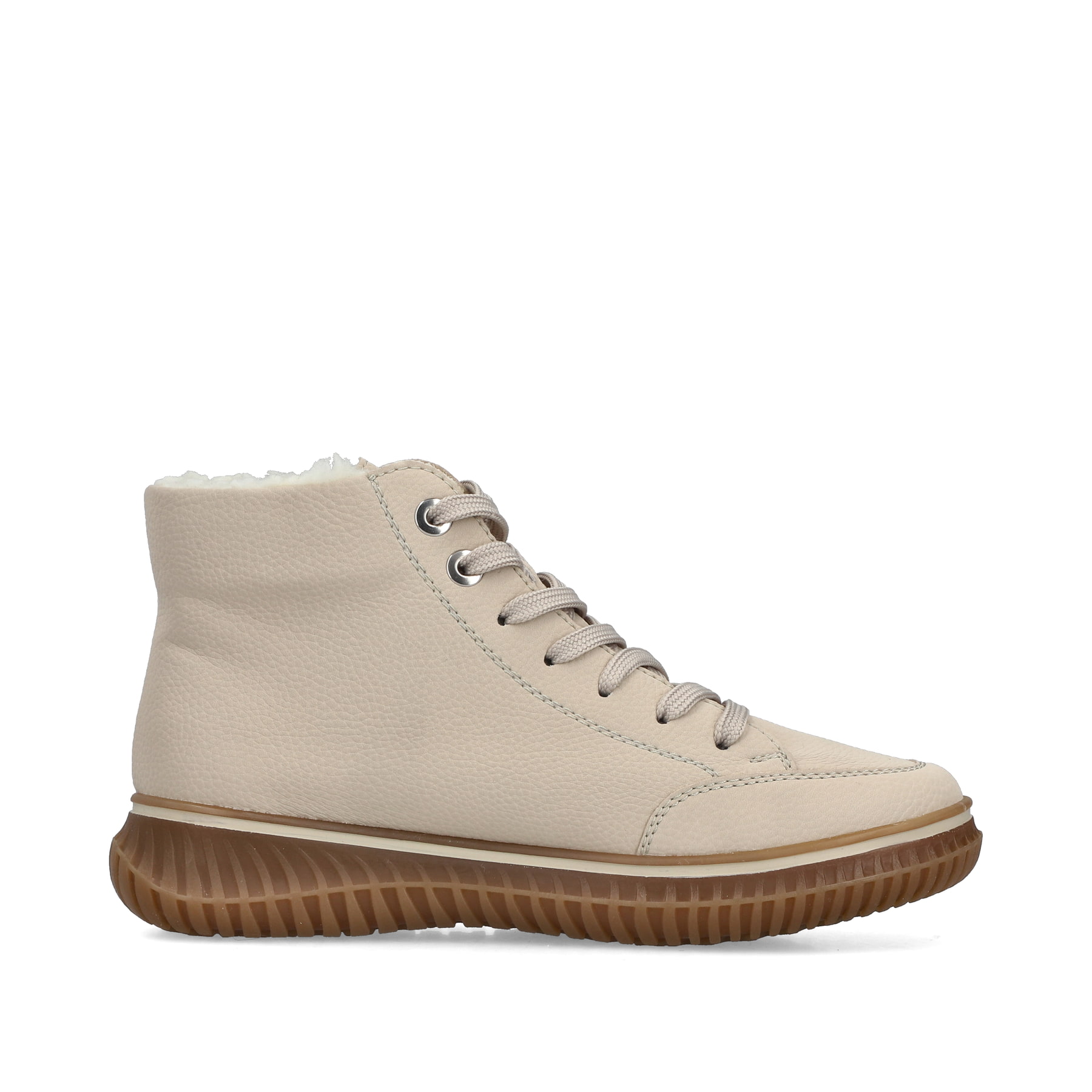 Hellbeige Rieker Damen Schnürstiefel 74234-60 mit einem Reißverschluss. Schuh von hinten.