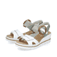 Weiße Rieker Keilsandaletten 67476-81 mit trendigen Schnalle. Schuhpaar seitlich schräg.