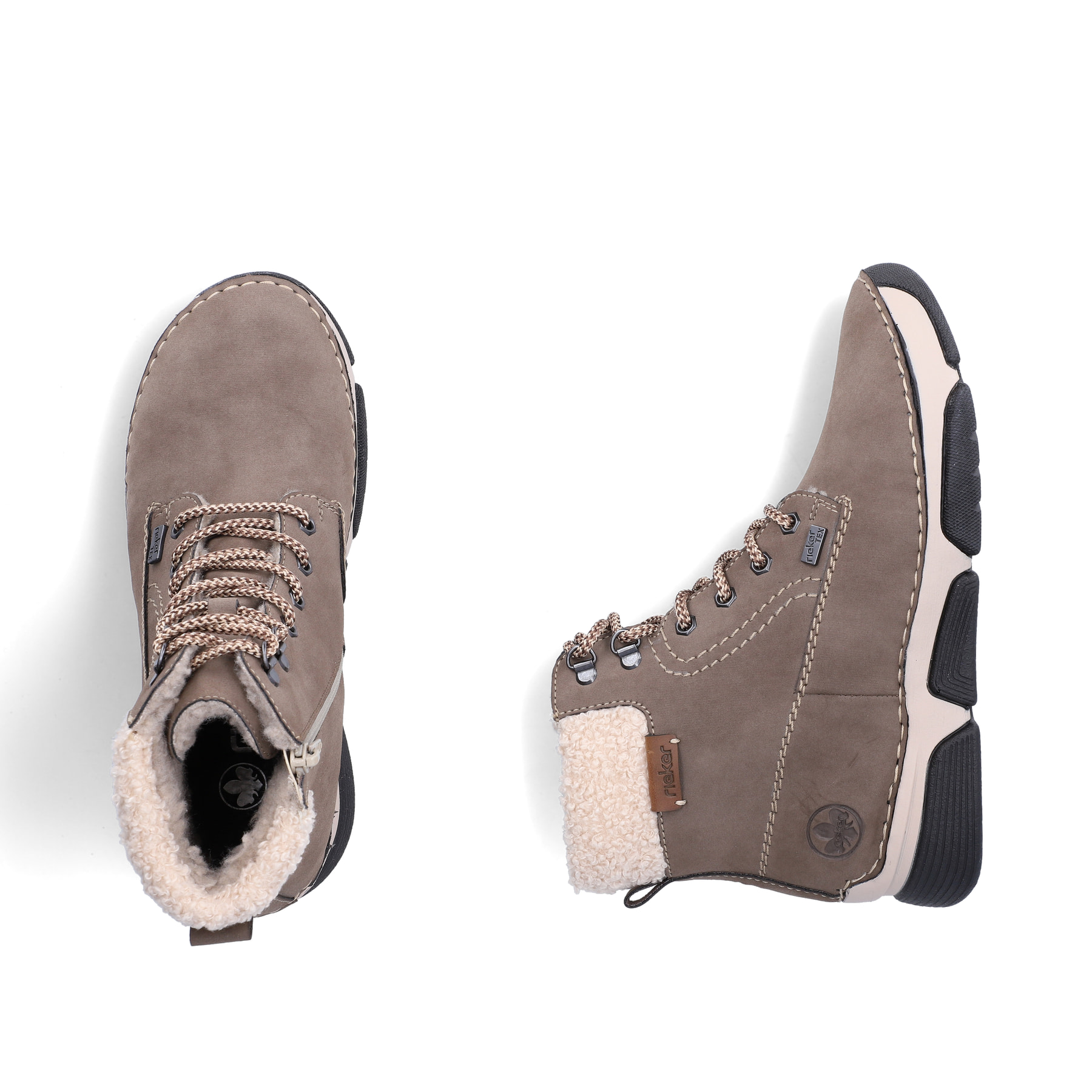 Grau-beige Rieker Damen Schnürstiefel 45925-25 mit wasserabweisender TEX-Membran. Schuh von oben, liegend.