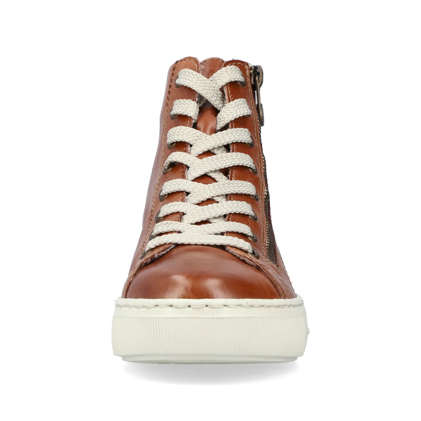 
Fuchsbraune Rieker Damen Schnürstiefel L9880-24 mit Schnürung und Reißverschluss. Schuh von vorne.