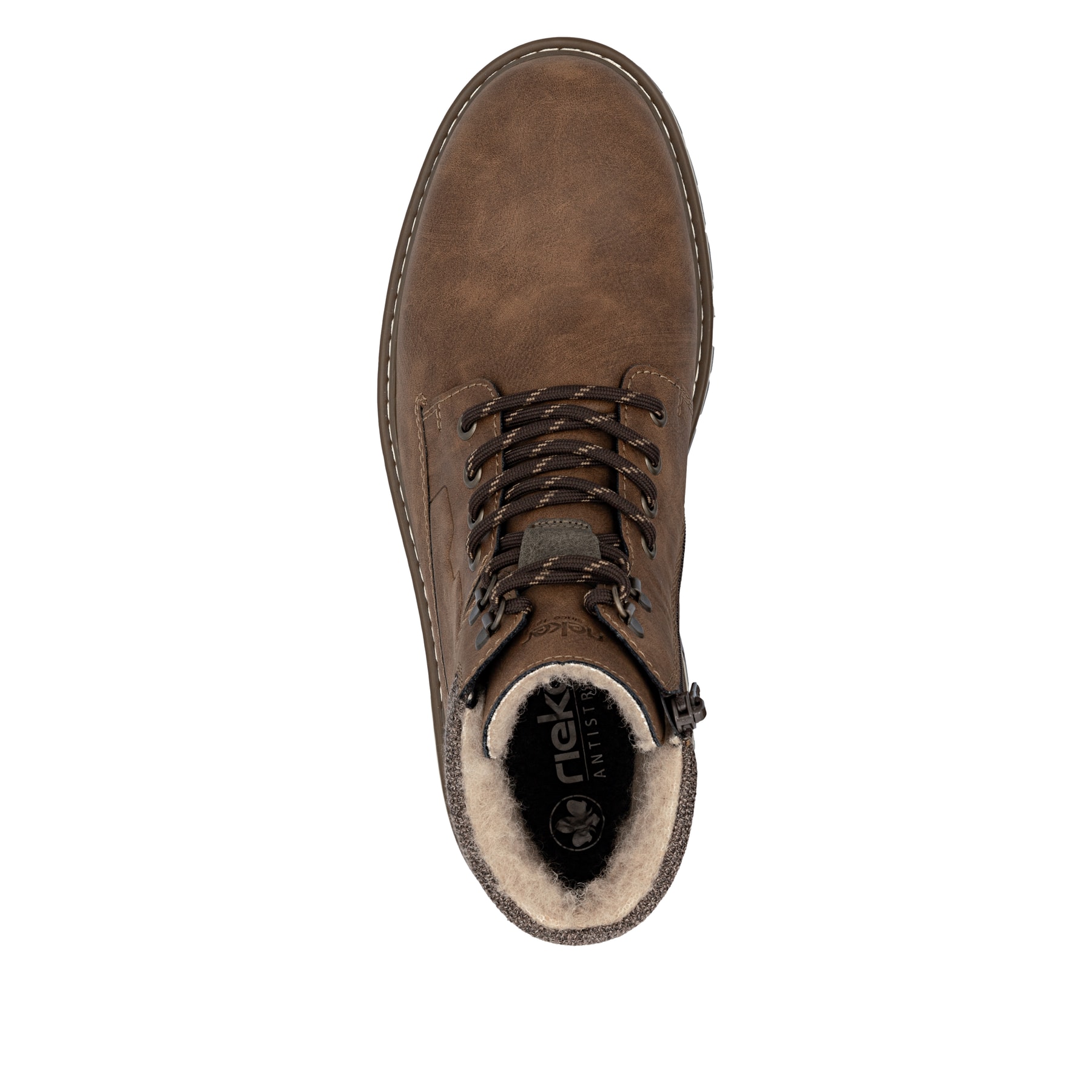 Dunkelbraune Rieker Herren Schnürstiefel F3811-24 mit einem Reißverschluss. Schuh von oben.