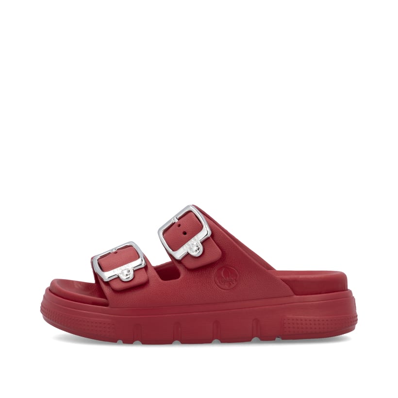 Rote Rieker Damen Pantoletten P2180-35 mit Schnallen sowie einer flexiblen Sohle. Schuh Außenseite.