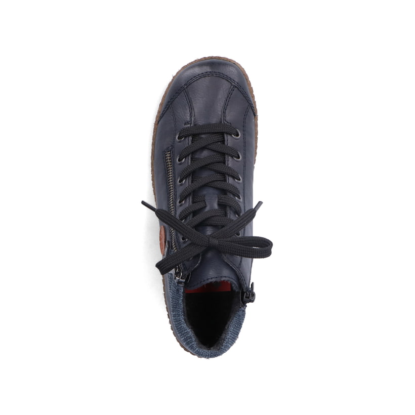 Blaue Rieker Damen Kurzstiefel L7514-14 mit wasserabweisender RiekerTEX-Membran. Schuh von oben.