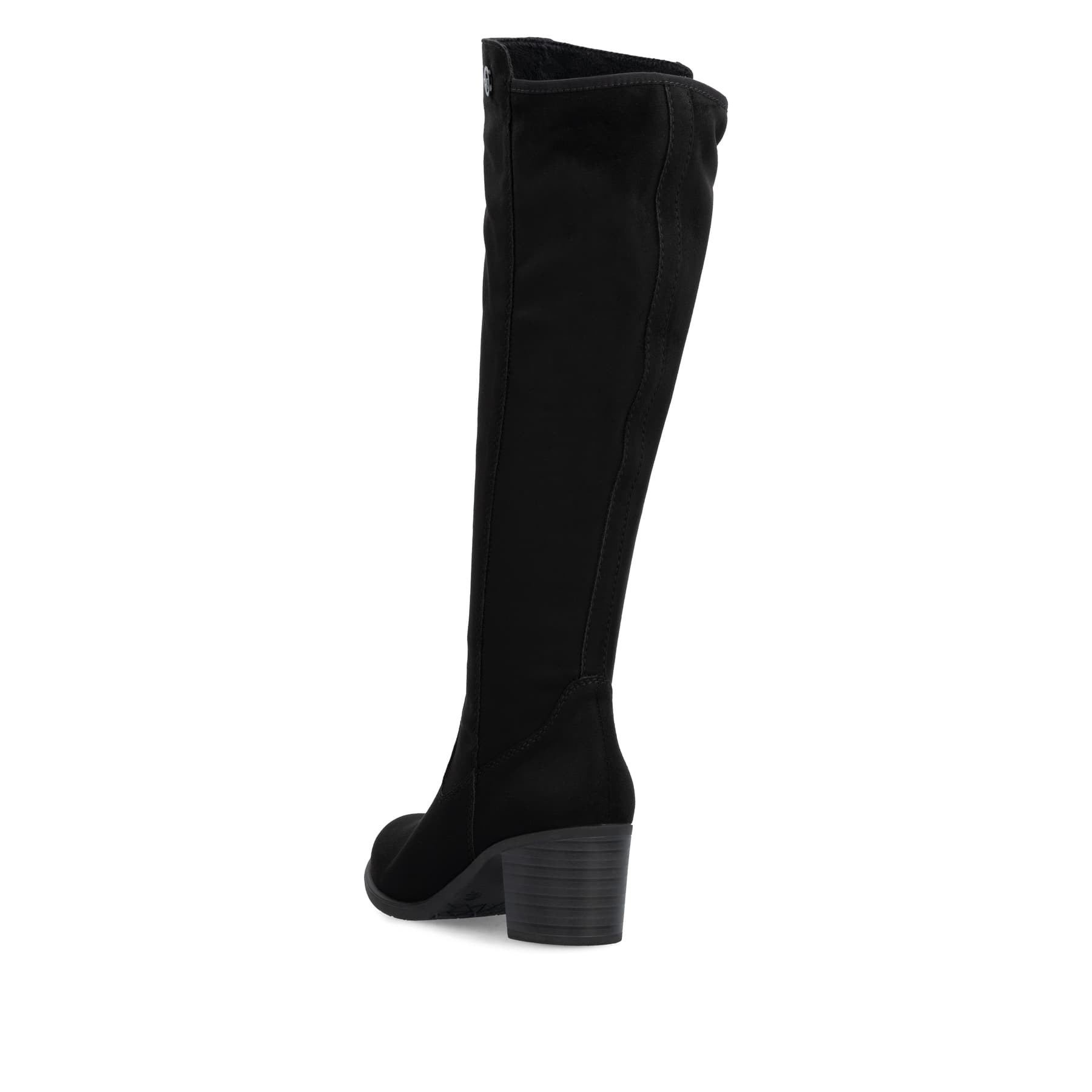 Schwarze Rieker Damen Hochschaftstiefel Y2050-01 mit einem Reißverschluss. Schuh von hinten.