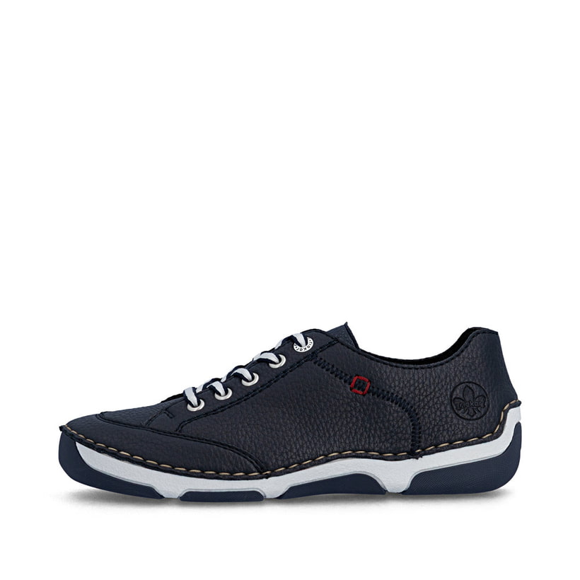 Blaue Rieker Damen Schnürschuhe 55901-14 aus Glattleder mit modernen Ziernähten. Schuh Außenseite.