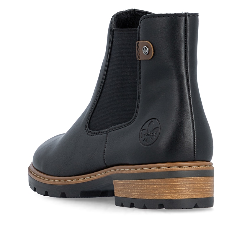 Schwarze Rieker Damen Schnürstiefel Z9340-00 mit einem Reißverschluss. Schuh von hinten.