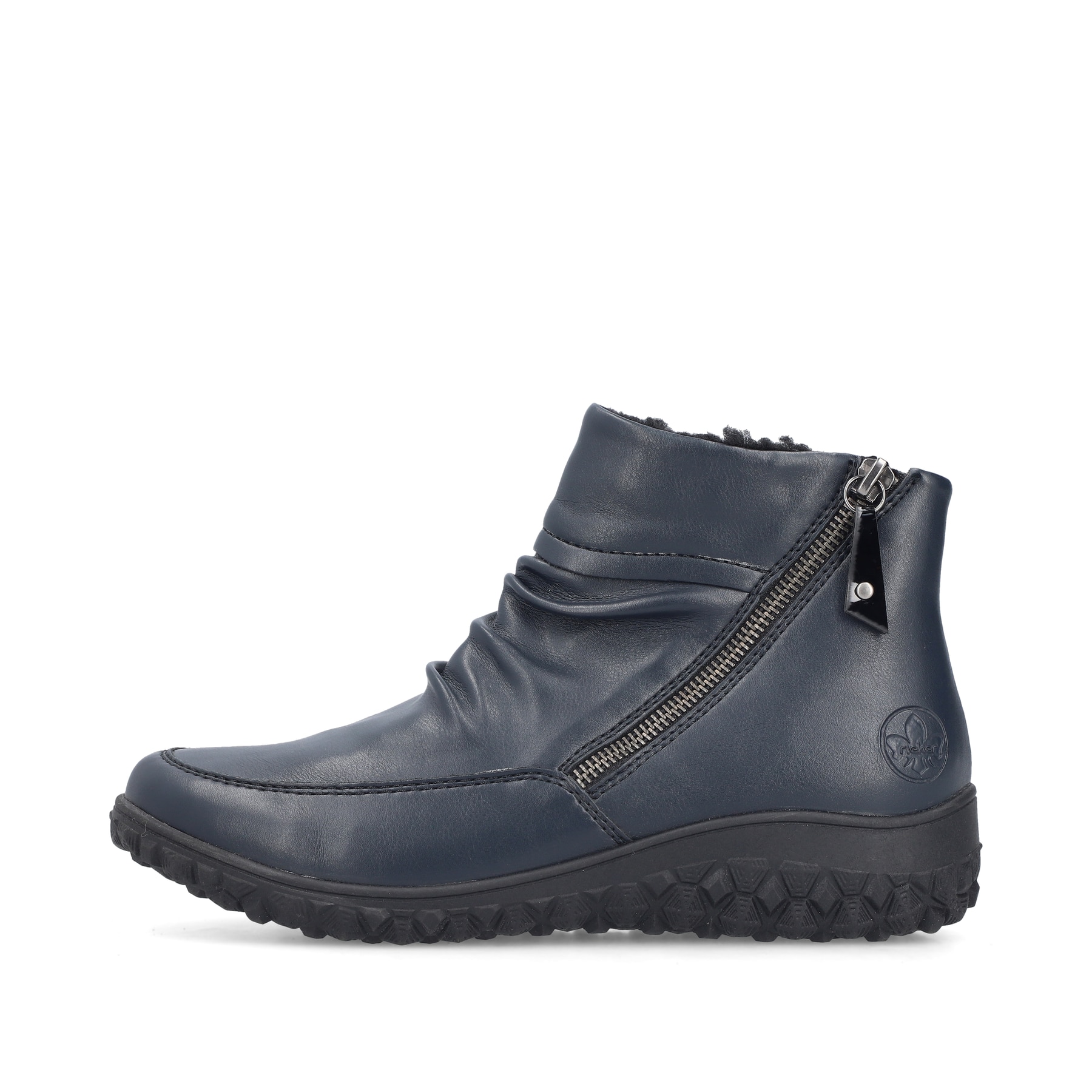 Blaue Rieker Damen Kurzstiefel 59585-14 mit Reißverschluss sowie Extraweite H. Schuh Außenseite.