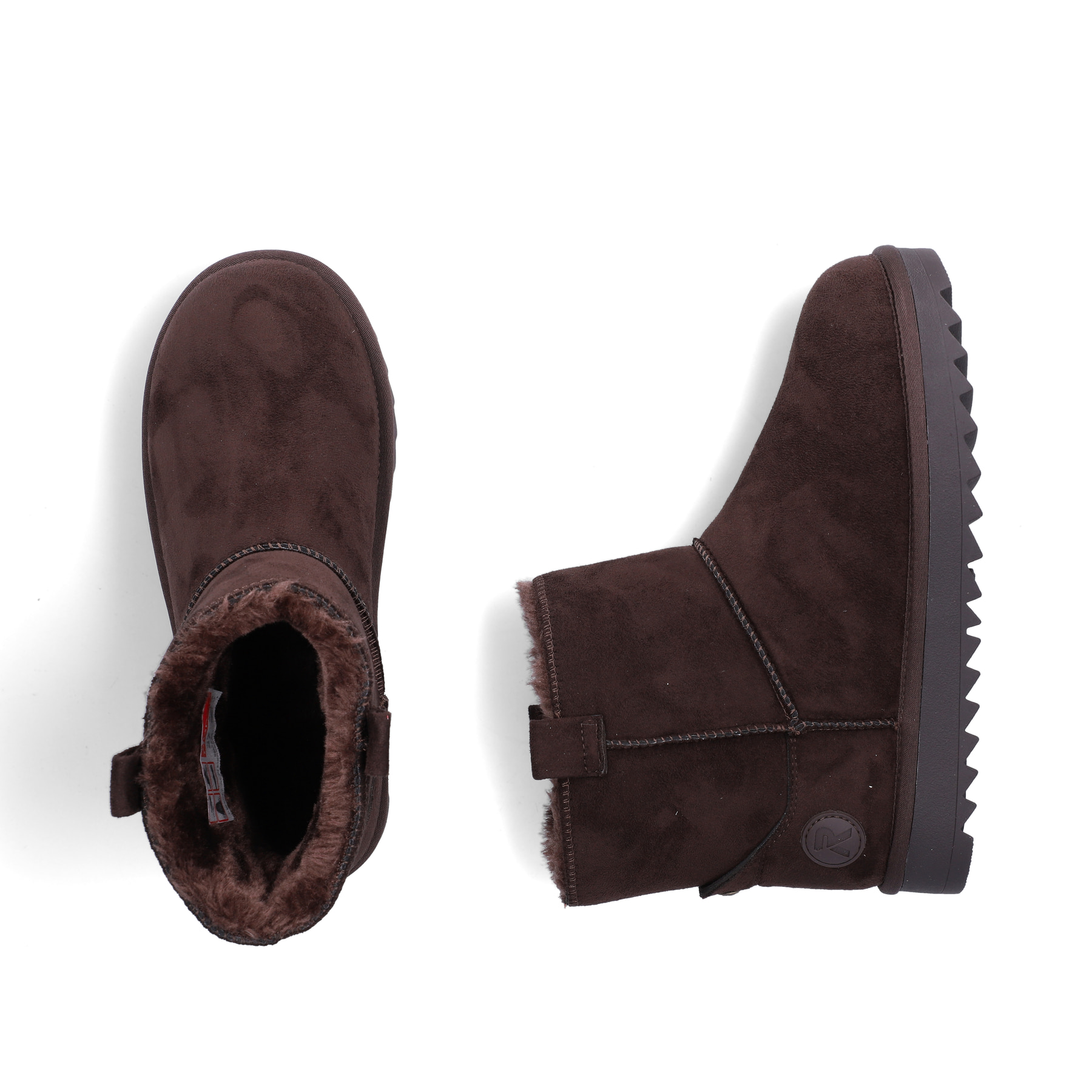 Dunkelbraune Rieker Damen Kurzstiefel 99870-25 mit der Komfortweite G. Schuh von oben, liegend.