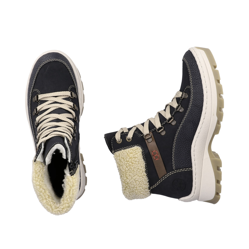 Blaue Rieker Damen Schnürstiefel X9338-14 mit Schaftkragen sowie Reißverschluss. Schuh von oben, liegend.