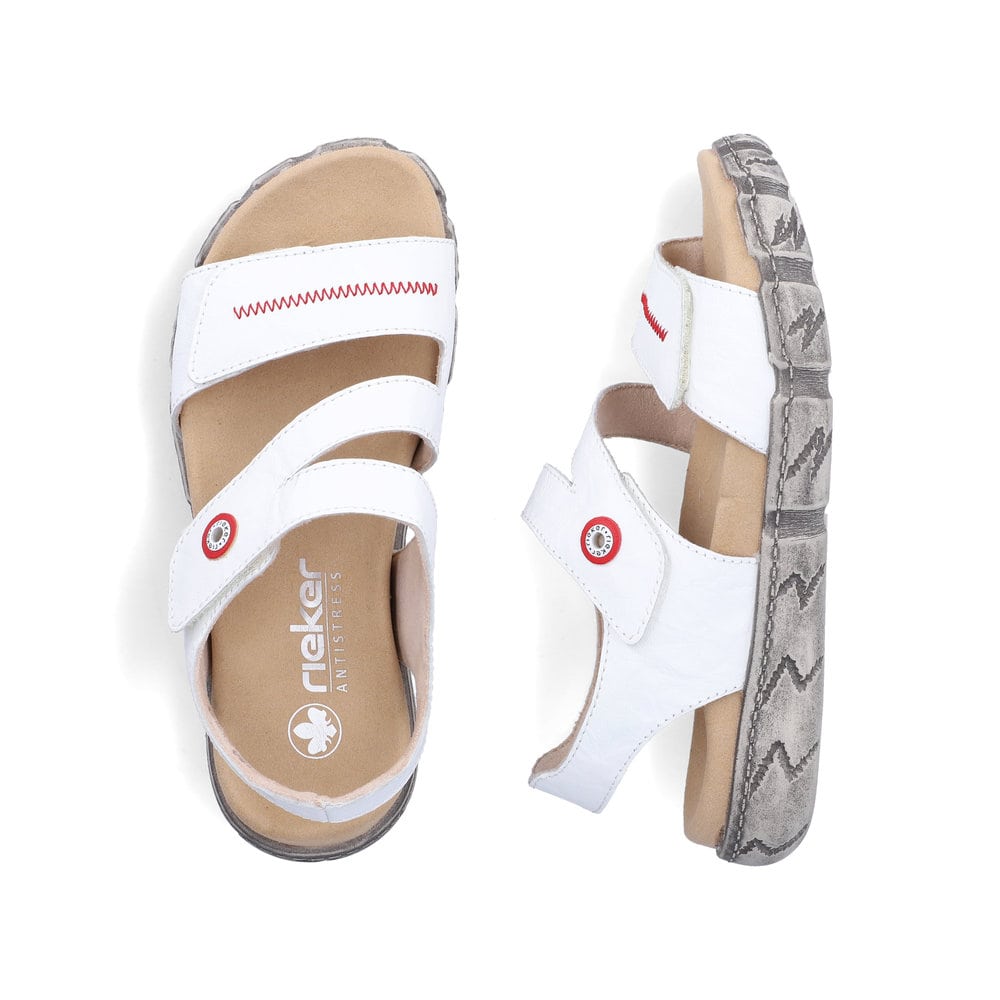 Weiße Rieker Damen Riemchensandalen V5151-80 aus Glattleder. Schuh von oben, liegend.