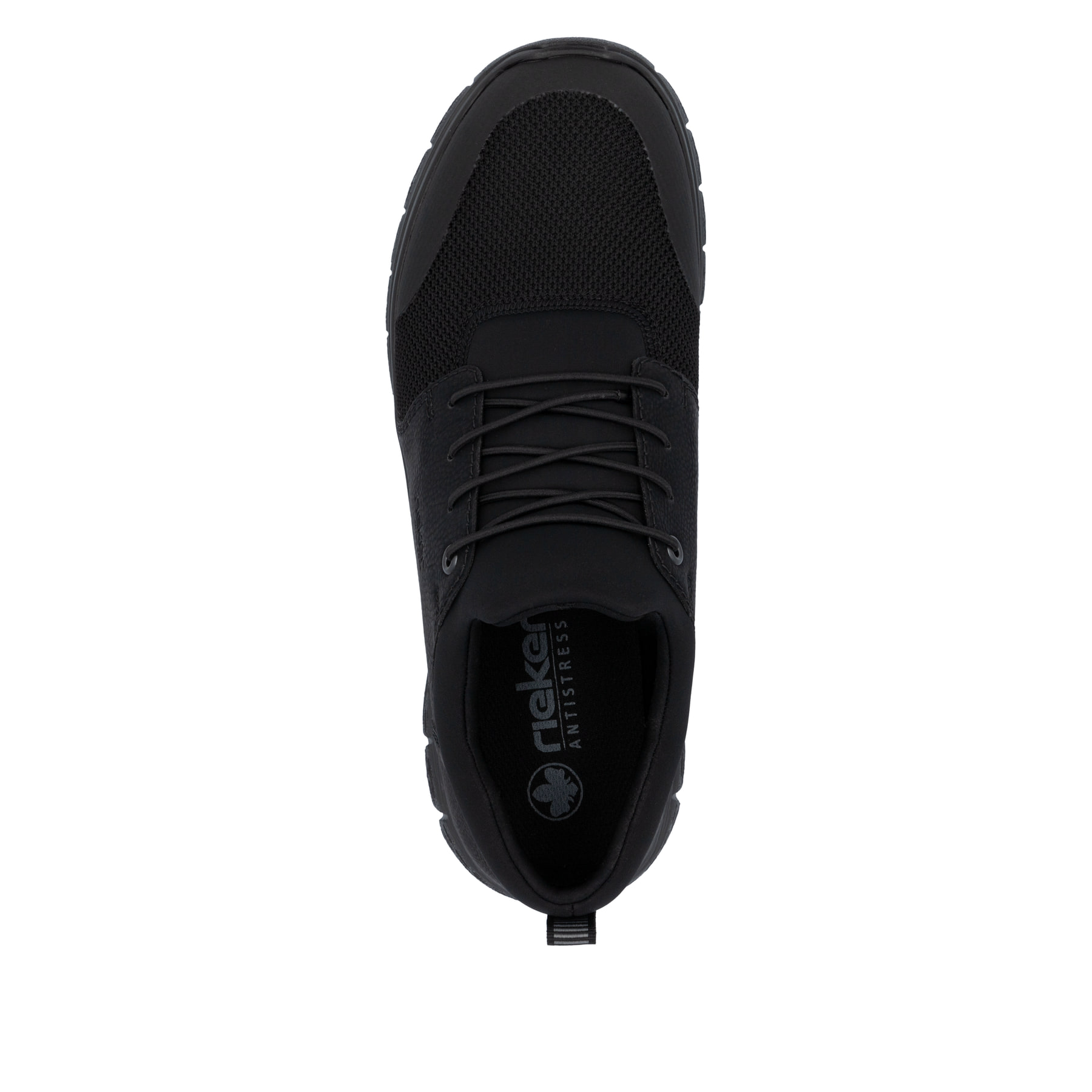 Schwarze Rieker Herren Slipper B6650-00 mit Gummizug sowie Komfortweite G 1/2. Schuh von oben.