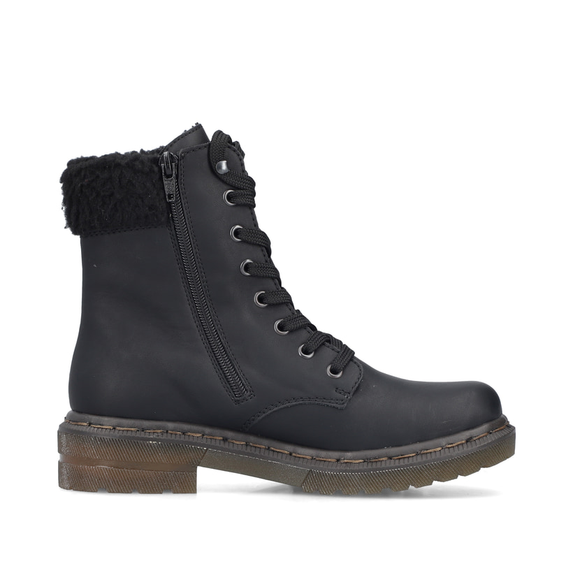 Schwarze Rieker Damen Schnürstiefel 78220-00 mit einem Reißverschluss. Schuh von hinten.
