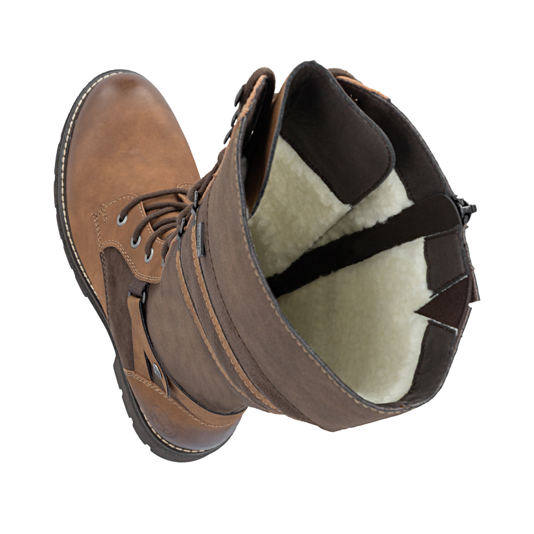 Braune Rieker Damen Schnürstiefel Y8101-25 aus Rauleder. Schuh von oben, liegend.