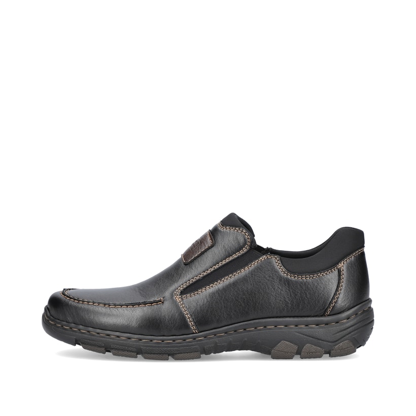 Schwarze Rieker Herren Slipper 19961-03 mit Elastikeinsatz sowie Komfortweite G. Schuh Außenseite.