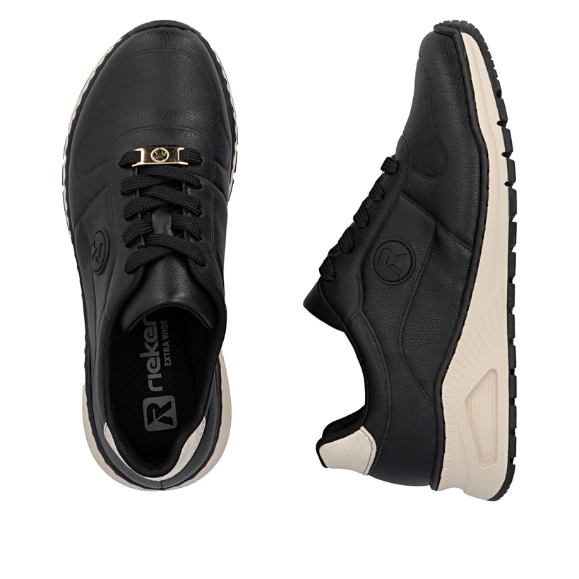 Schwarze Rieker Damen Sneaker Low M4903-03 aus Glattleder mit einer Schnürung. Schuh von oben, liegend.