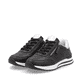 Schwarze Rieker Damen Sneaker Low W2402-00 mit einem Reißverschluss. Schuhpaar seitlich schräg.