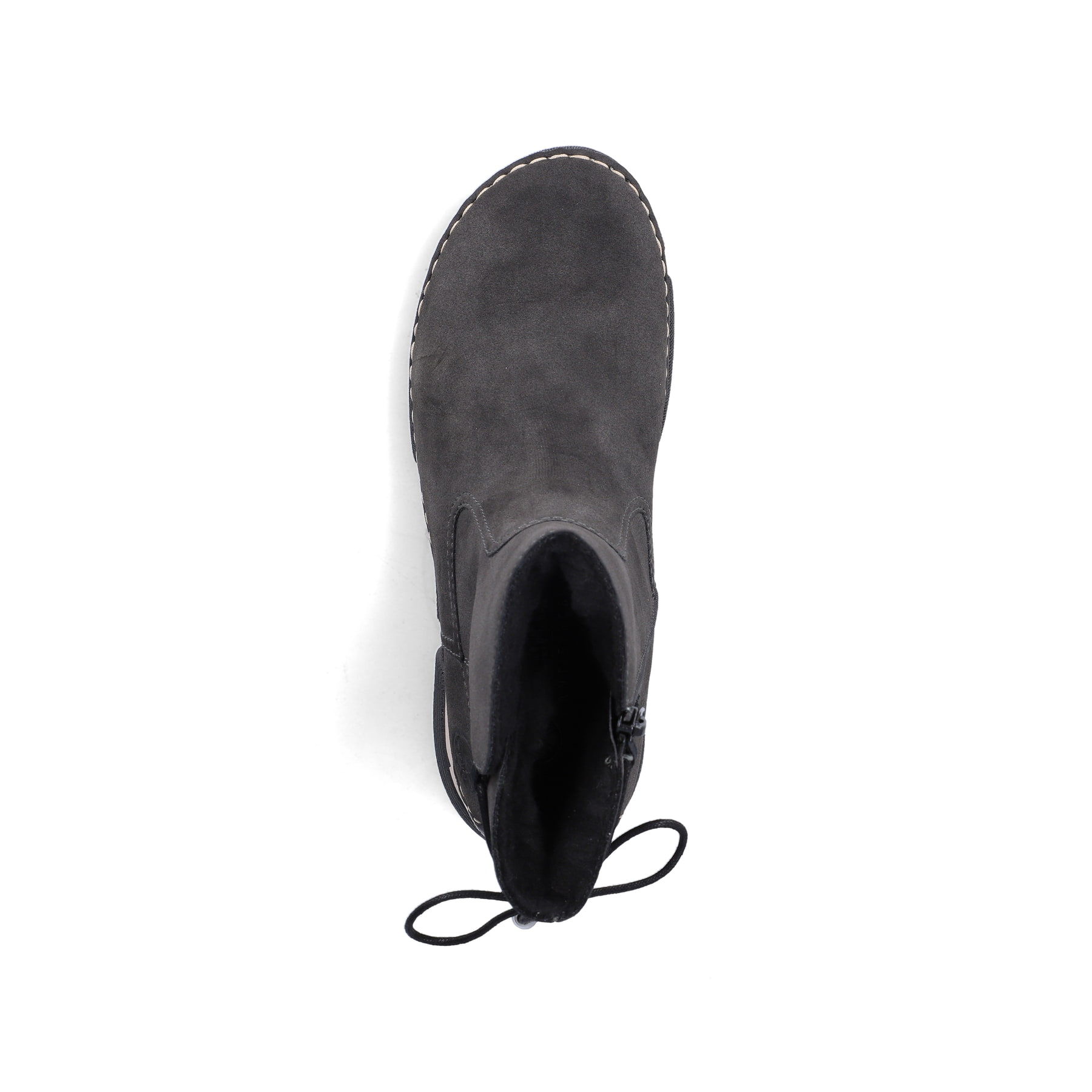 Dunkelgraue Rieker Damen Kurzstiefel 45990-45 mit einem Reißverschluss. Schuh von oben.