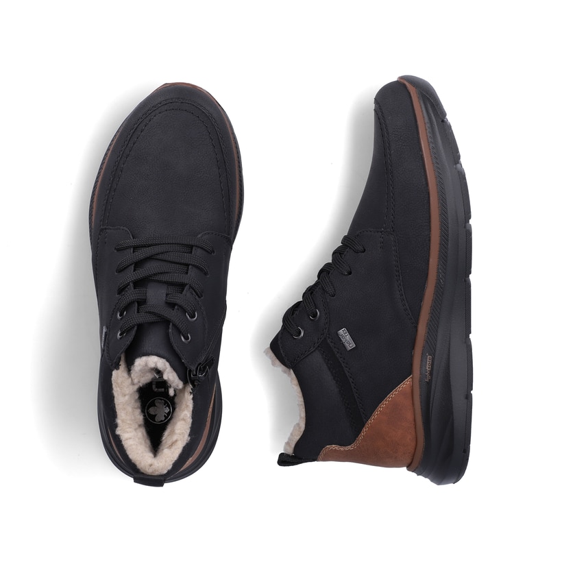 Schwarze Rieker Herren Schnürstiefel B1824-00 mit wasserabweisender TEX-Membran. Schuh von oben, liegend.
