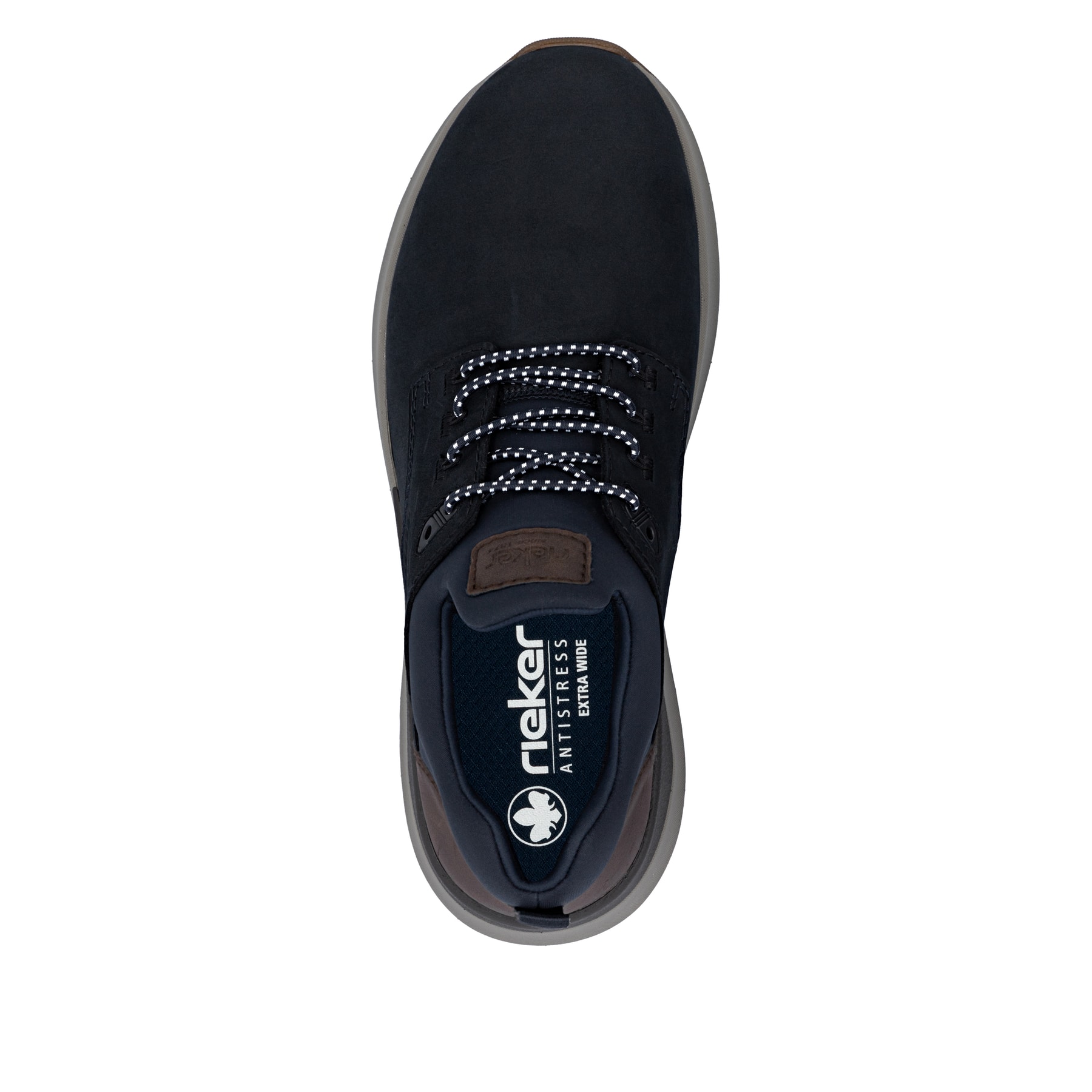 Mocassins Rieker bleus homme 06050-14 en cuir suédé avec bande élastique. Semelle extérieure de la chaussure.
