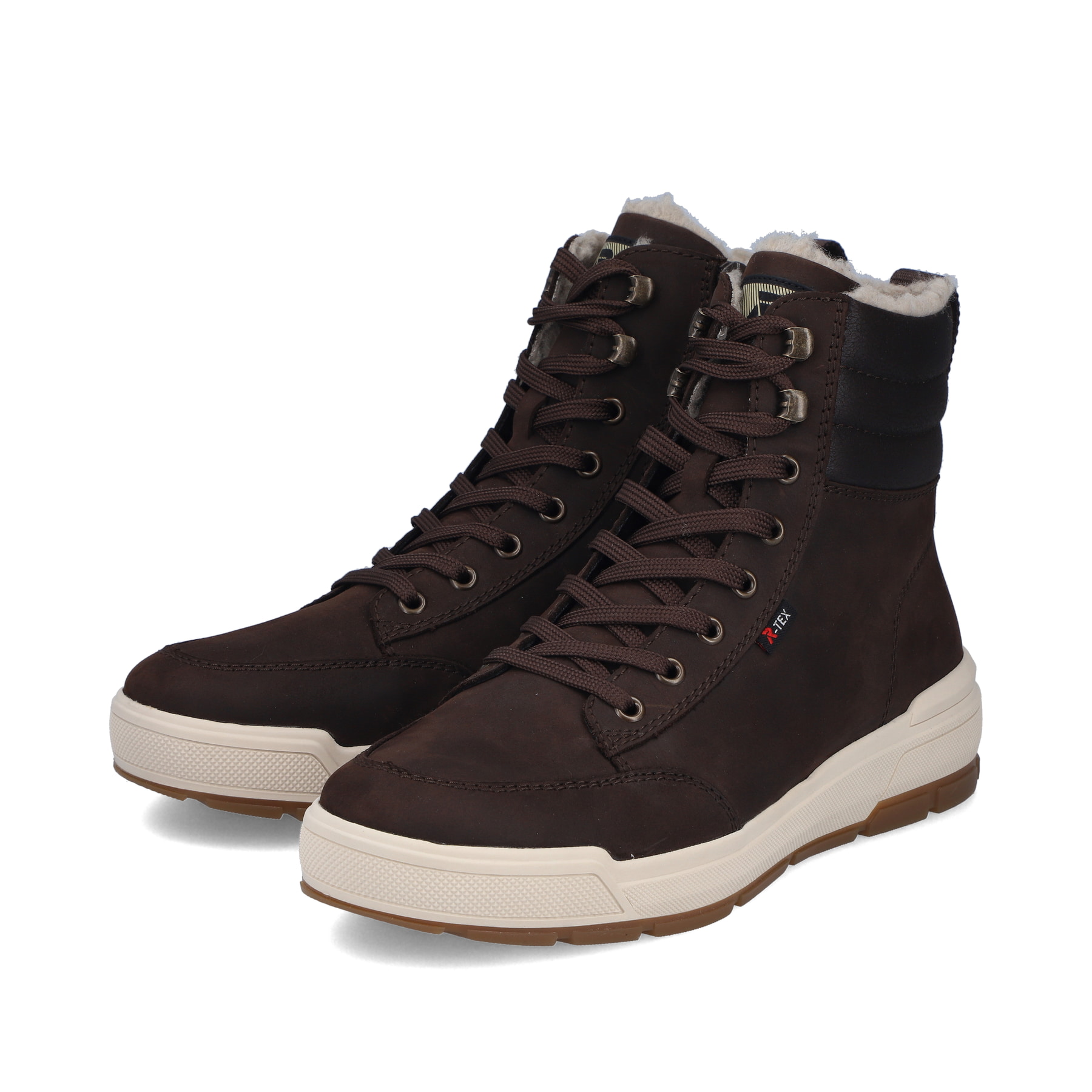 Dunkelbraune Rieker Herren Schnürstiefel U0071-25 aus Rauleder. Schuhpaar seitlich schräg.