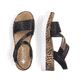 Schwarze Rieker Keilsandaletten V3964-01 mit einem Klettverschluss. Schuh von oben, liegend.