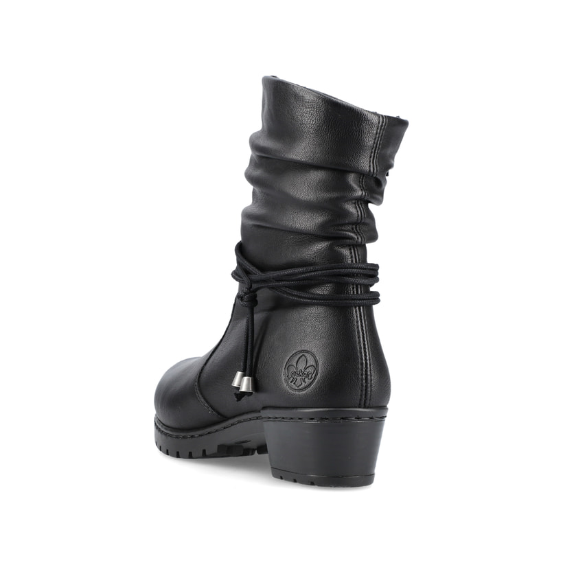 Tiefschwarze Rieker Damen Stiefeletten Y17R2-00 mit Reißverschluss sowie Blockabsatz. Schuh von hinten