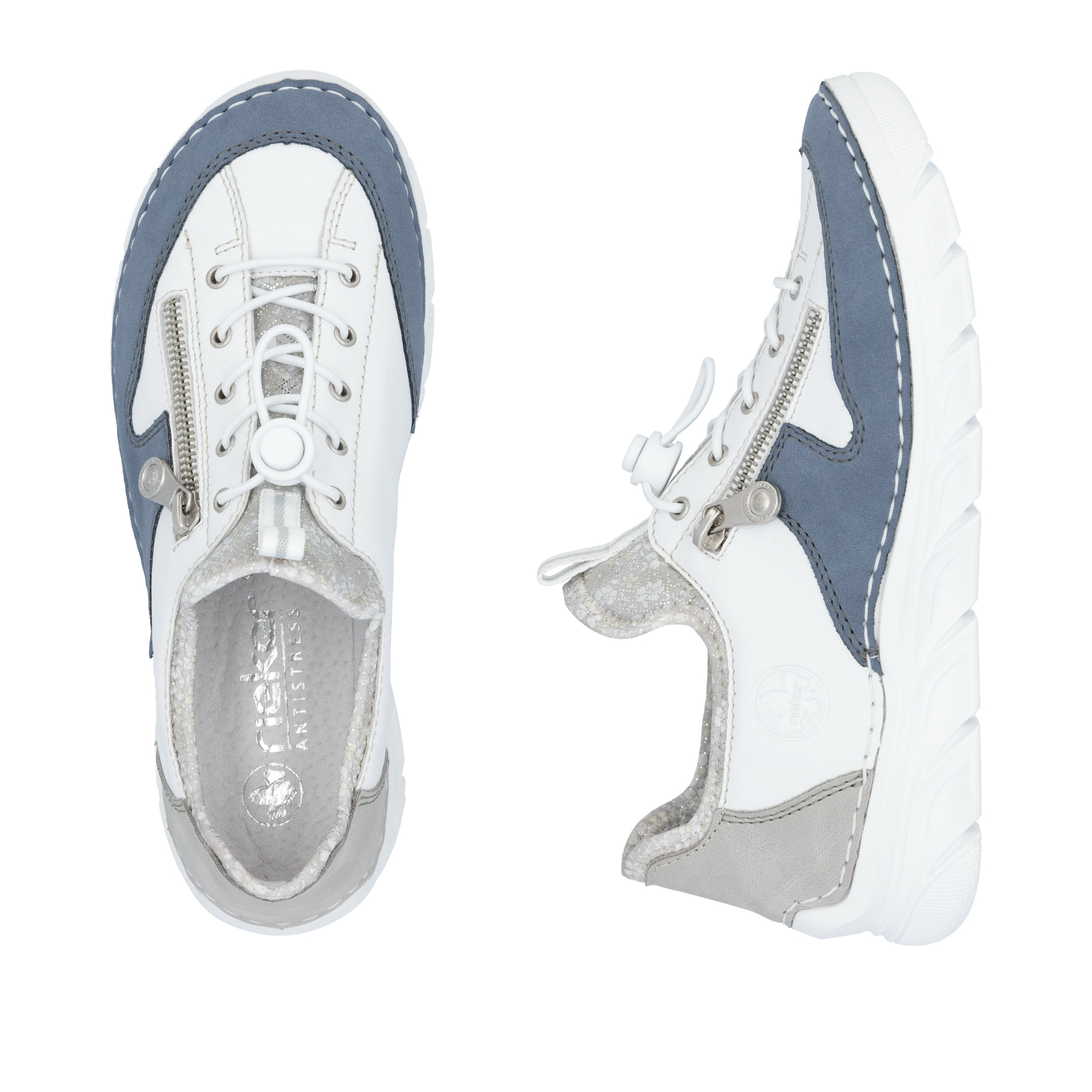 Weiße Rieker Damen Slipper 55064-80 mit Deko-Reißverschluss sowie einem Gummizug. Schuh von oben, liegend.