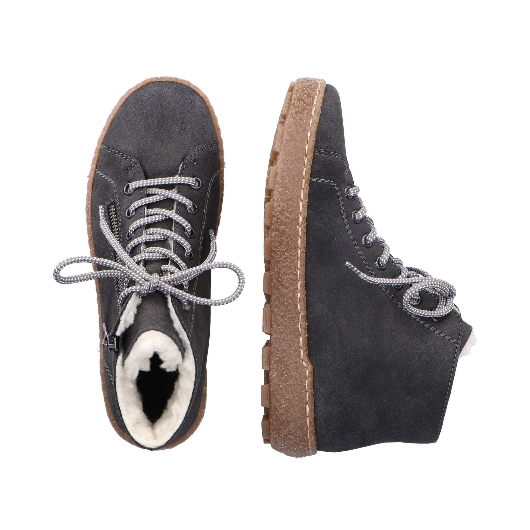 Dunkelgraue Rieker Damen Schnürstiefel N1020-45 mit einem Reißverschluss. Schuh von oben, liegend.