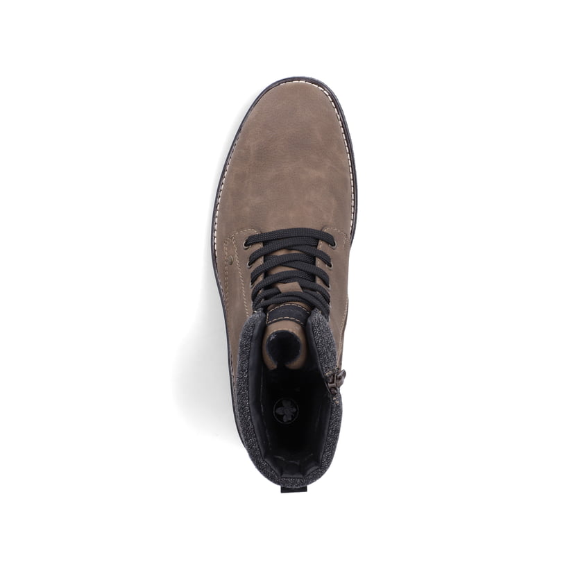 Braune Rieker Herren Schnürstiefel 33640-24 mit einem Reißverschluss. Schuh von oben.