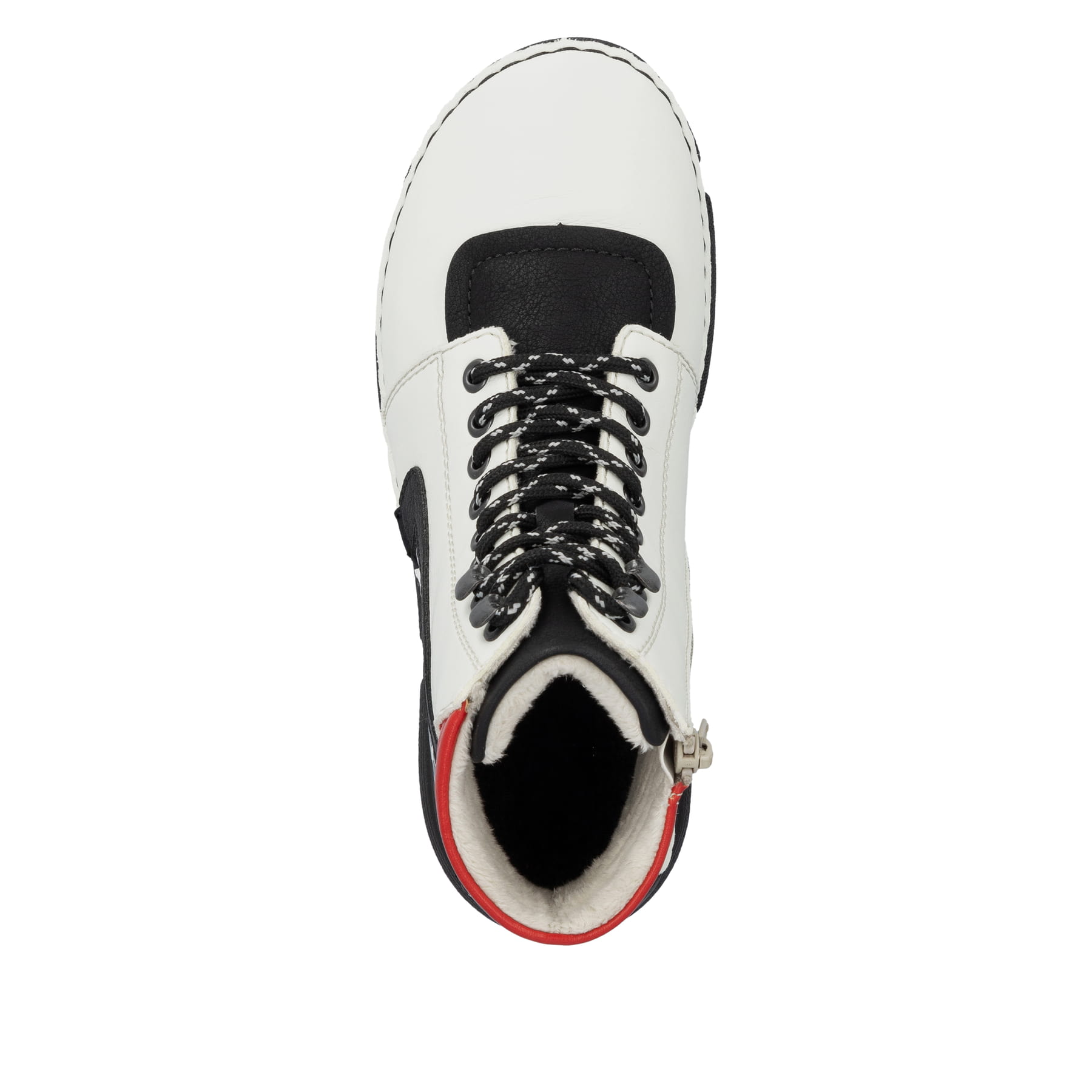 Weißschwarze Rieker Damen Schnürstiefel 45904-60 mit einem Reißverschluss. Schuh von oben.