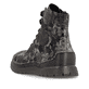 Schwarze Rieker Damen Schnürstiefel 53632-90 mit floralem Aufdruck. Schuh von hinten.