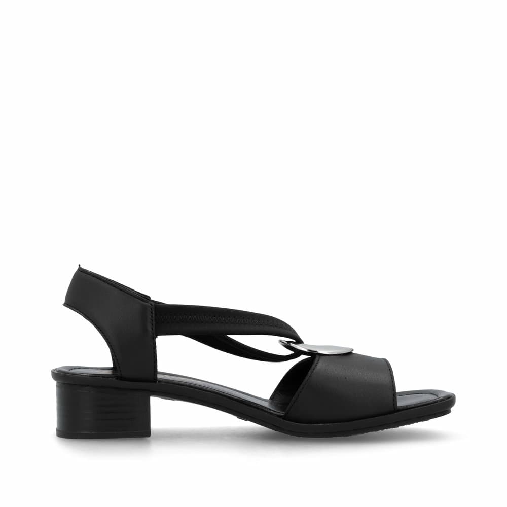 Schwarze Rieker Riemchensandaletten 62662-01 mit einem Gummizug. Schuh Innenseite.