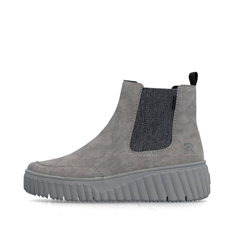 Chelsea Boots Rieker grises pour femme N2553-40 avec fermeture éclair. Côté extérieur de la chaussure.
