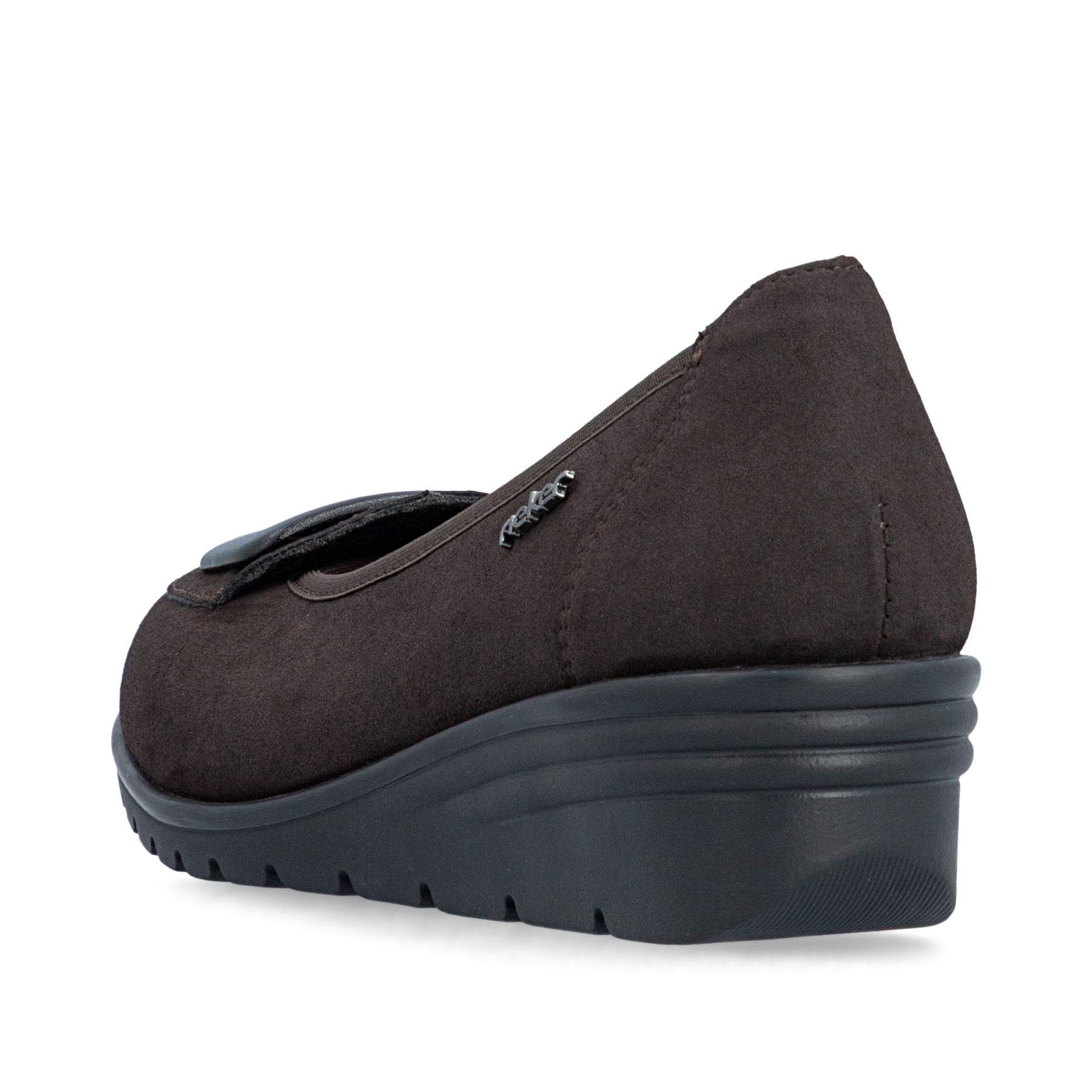 Dunkelbraune Rieker Ballerinas L5362-25 mit Deko-Schnalle. Schuh von hinten.