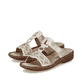 Beige Rieker Damen Pantoletten V2864-60 mit Schmuckelementen. Schuhpaar seitlich schräg.
