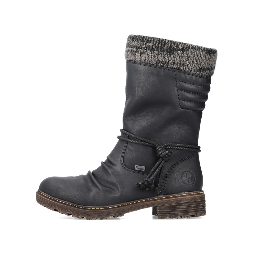 
Tiefschwarze Rieker Damen Kurzstiefel Z4755-00 mit einer robusten Profilsohle. Schuh Außenseite