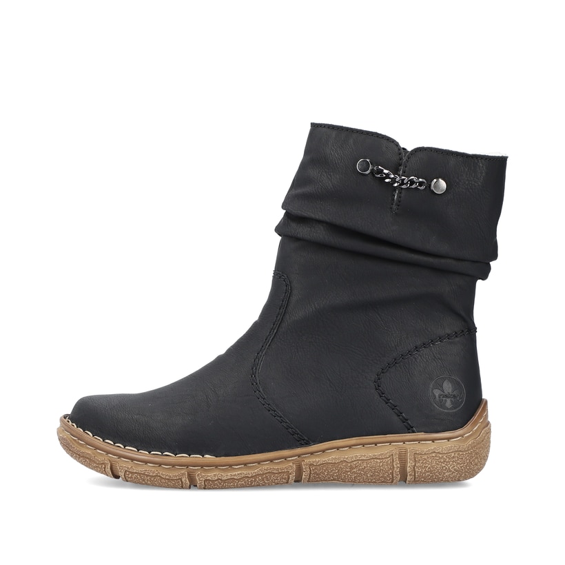 Nachtschwarze Rieker Damen Kurzstiefel Z3771-00 mit einer schockabsorbierenden Sohle. Schuh Außenseite