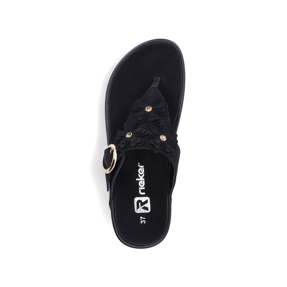 Schwarze vegane Rieker Damen Zehentrenner V1466-00 mit dekorativer Blume. Schuh von oben.