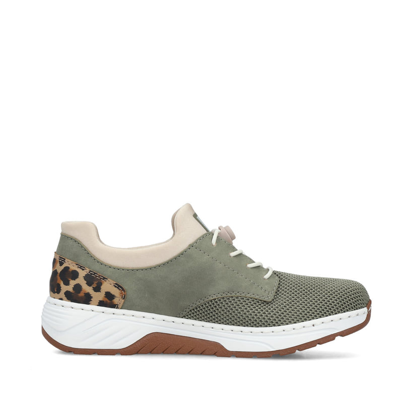 Khakifarbene Rieker Damen Slipper 53160-52 mit einem Gummizug sowie Extraweite H. Schuh Innenseite.