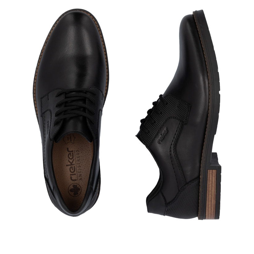 Chaussures à lacets Rieker noires pour hommes 14603-00 en cuir lisse. Chaussure vue de dessus, couchée.