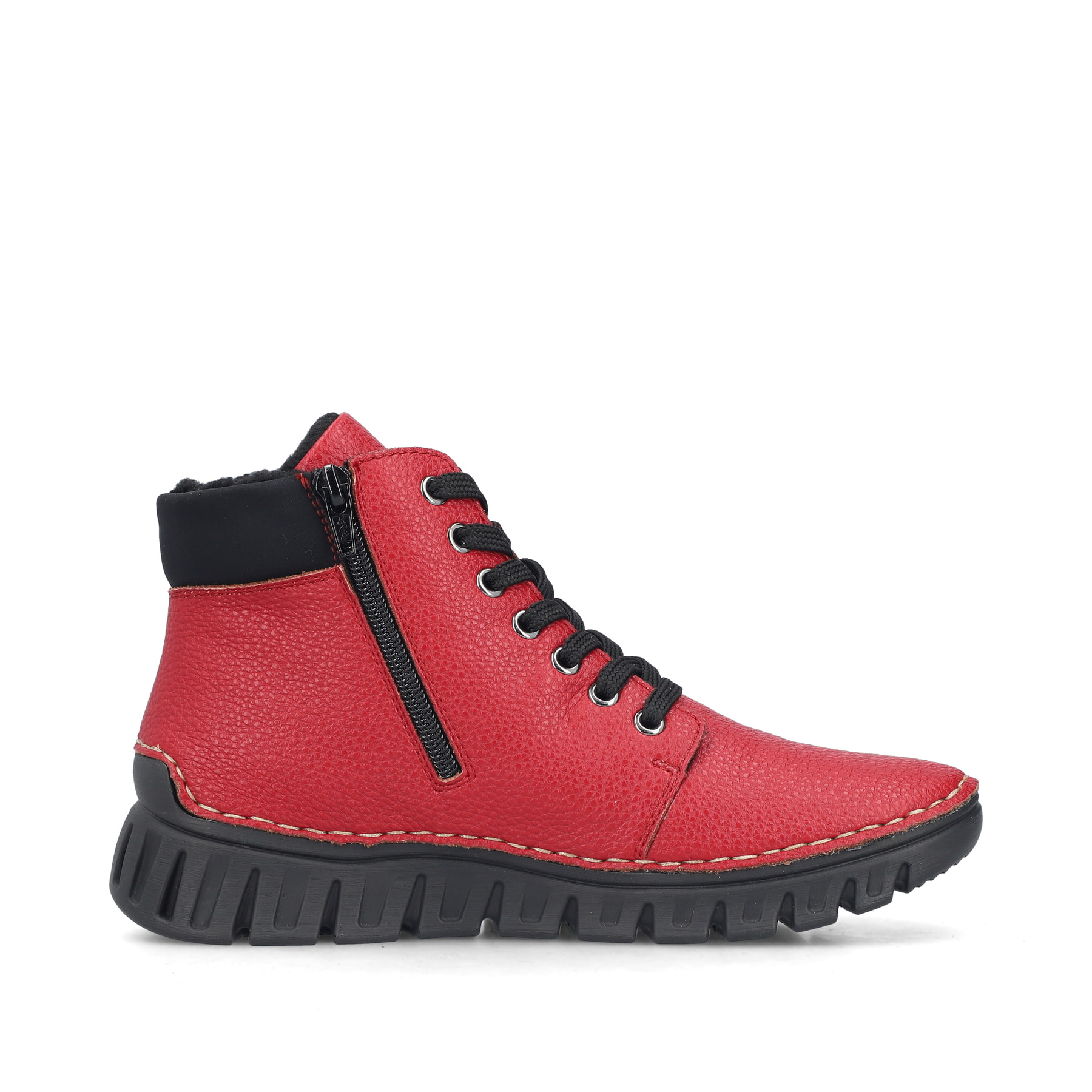 Rot-schwarze Rieker Damen Schnürstiefel 57511-33 mit einem Reißverschluss. Schuh Innenseite.