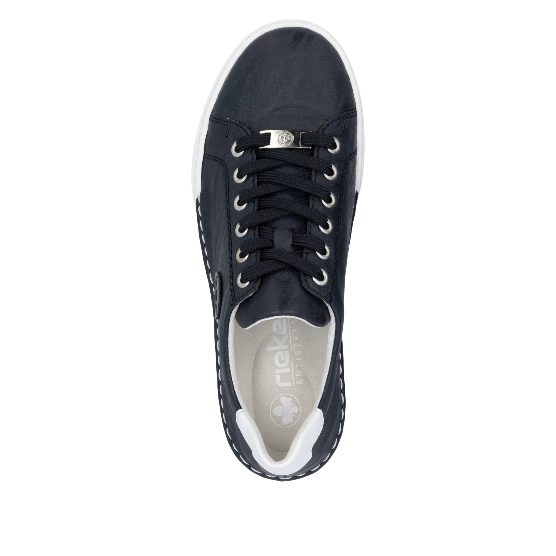 Blaue Rieker Damen Schnürschuhe L7210-14 mit einer herausnehmbaren Einlegesohle. Schuh von oben.