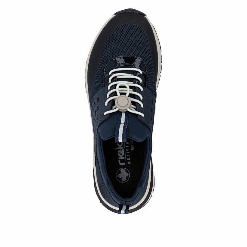 Dunkelblaue Rieker Damen Sneaker Low M6651-14 mit Gummizug sowie Extraweite H. Schuh von oben.