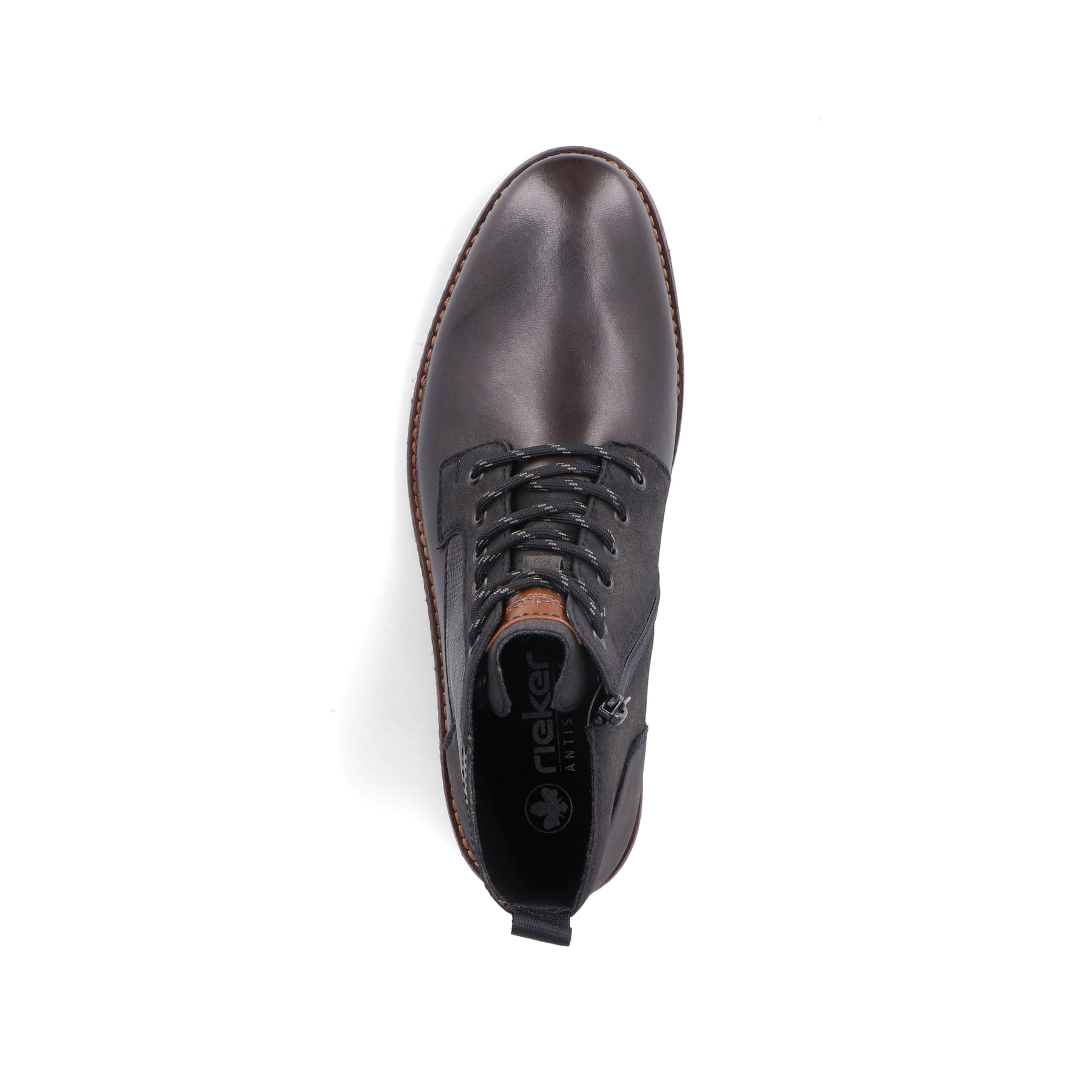 Bottes à lacets Rieker noires foncées F4521-46 avec fermeture éclair. Vue d’en haut.