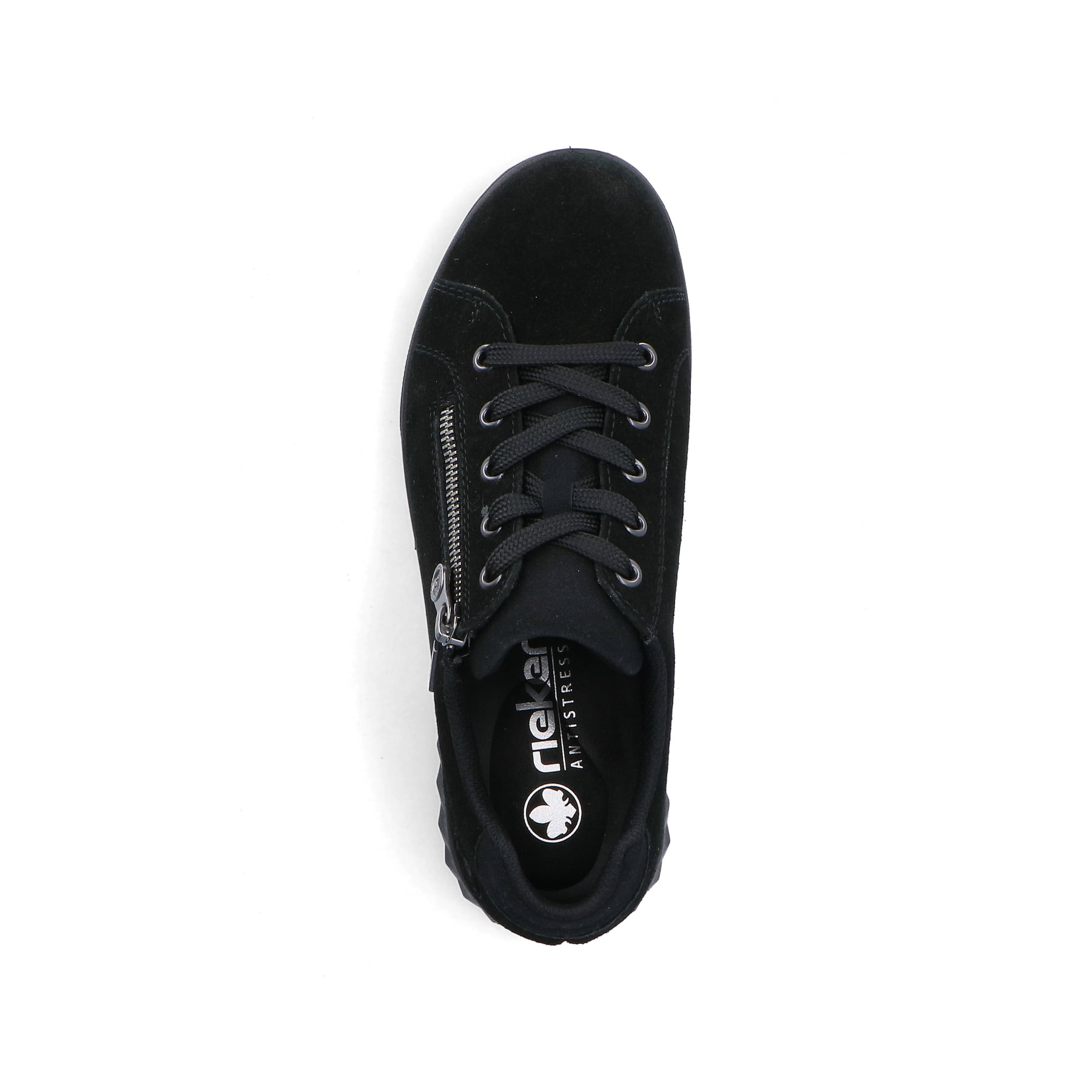 Schwarze Rieker Damen Schnürschuhe 59000-00 mit wasserabweisender TEX-Membran. Schuh von oben.