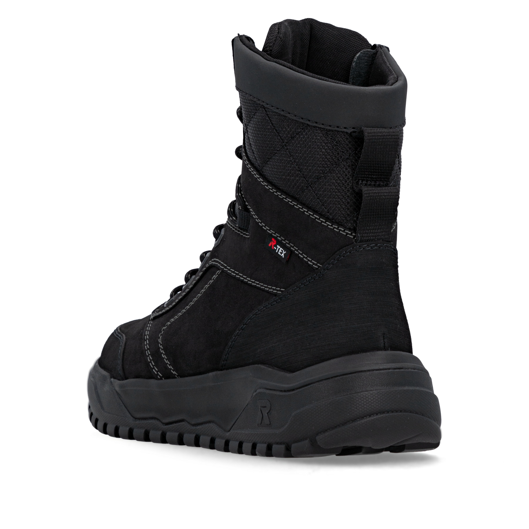 Schwarze Rieker Herren Schnürstiefel U1572-00 mit griffiger Fiber-Grip Sohle. Schuh von hinten.